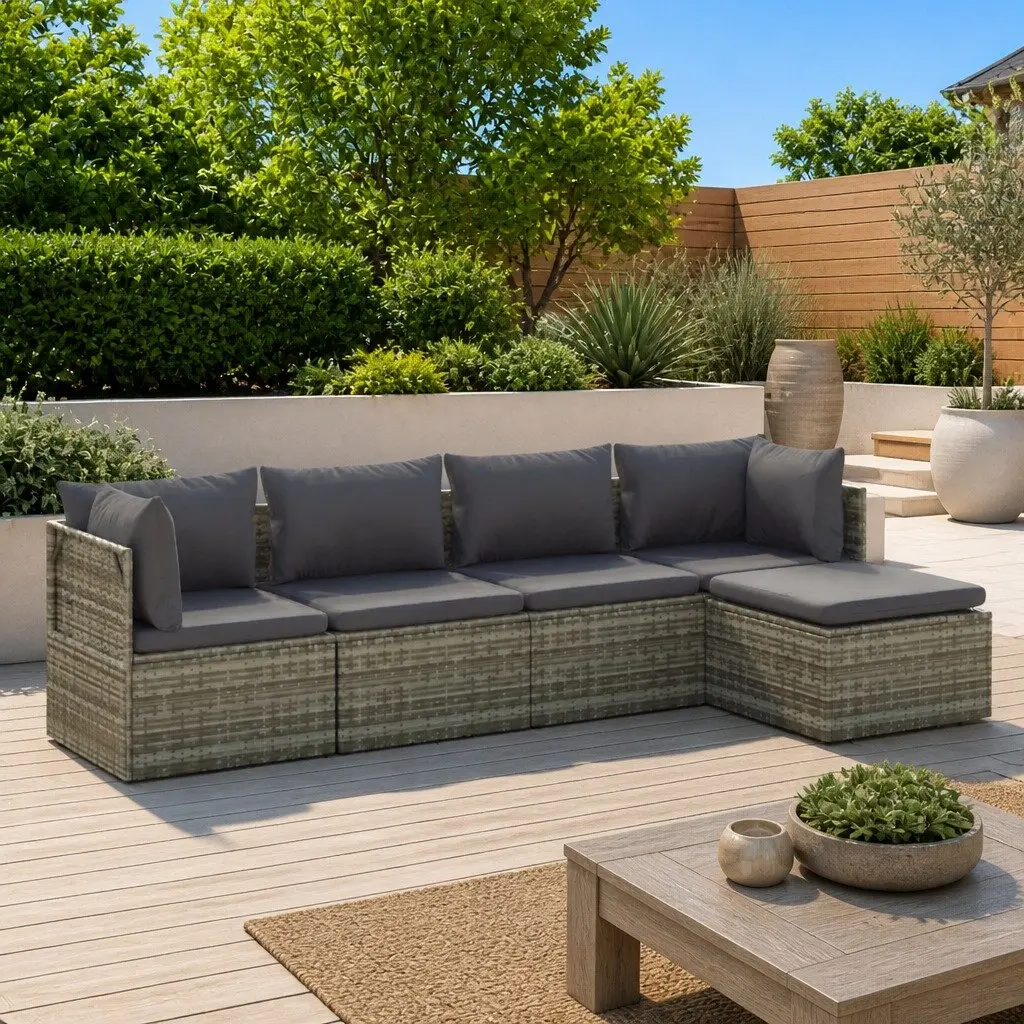 5 Piece Garden Lounge Set Poly Rattan Steel Frame Grey Outdoor Furniture