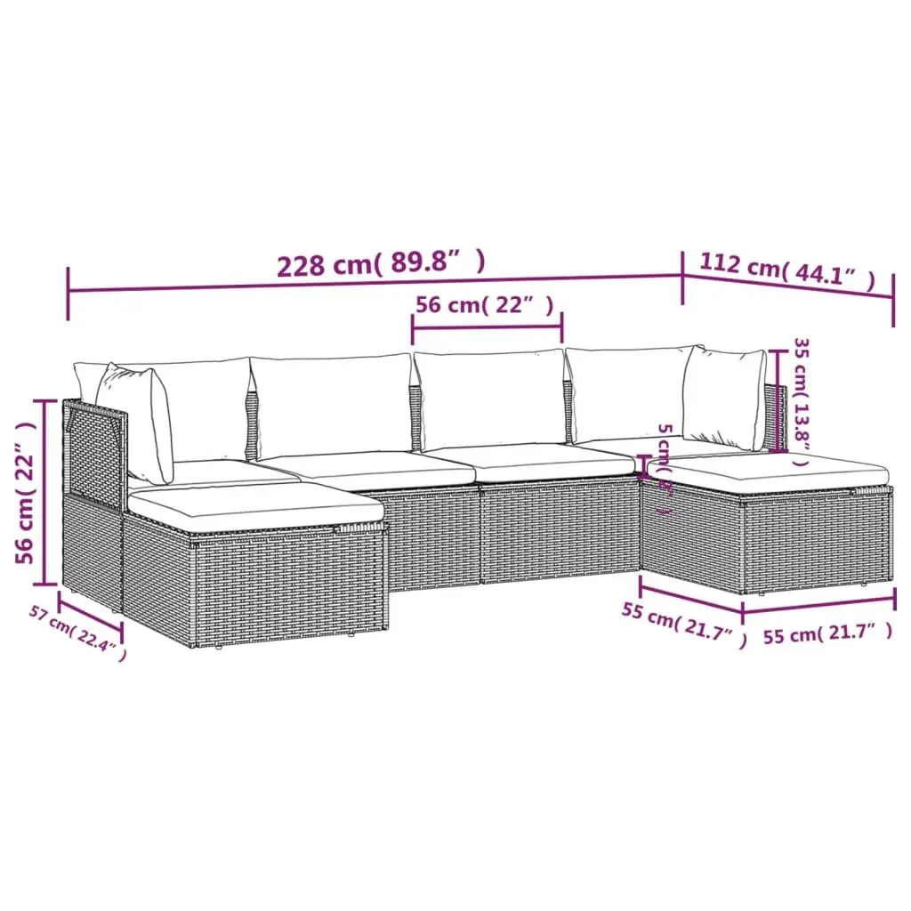 6 Piece Grey Outdoor Lounge Set Poly Rattan with Cushions and Storage for Patio Furniture