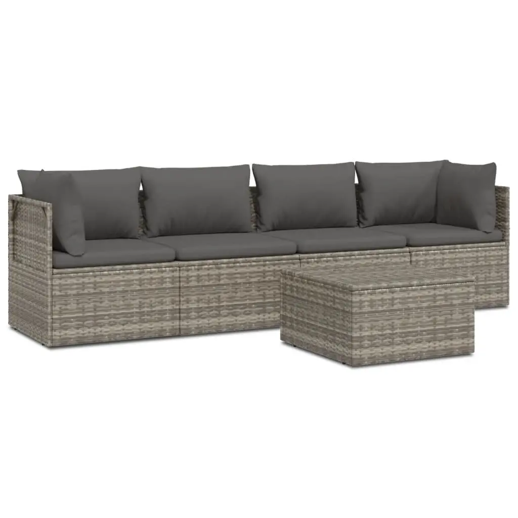 5 Piece Outdoor Lounge Set Grey Poly Rattan Furniture with Cushions and Storage