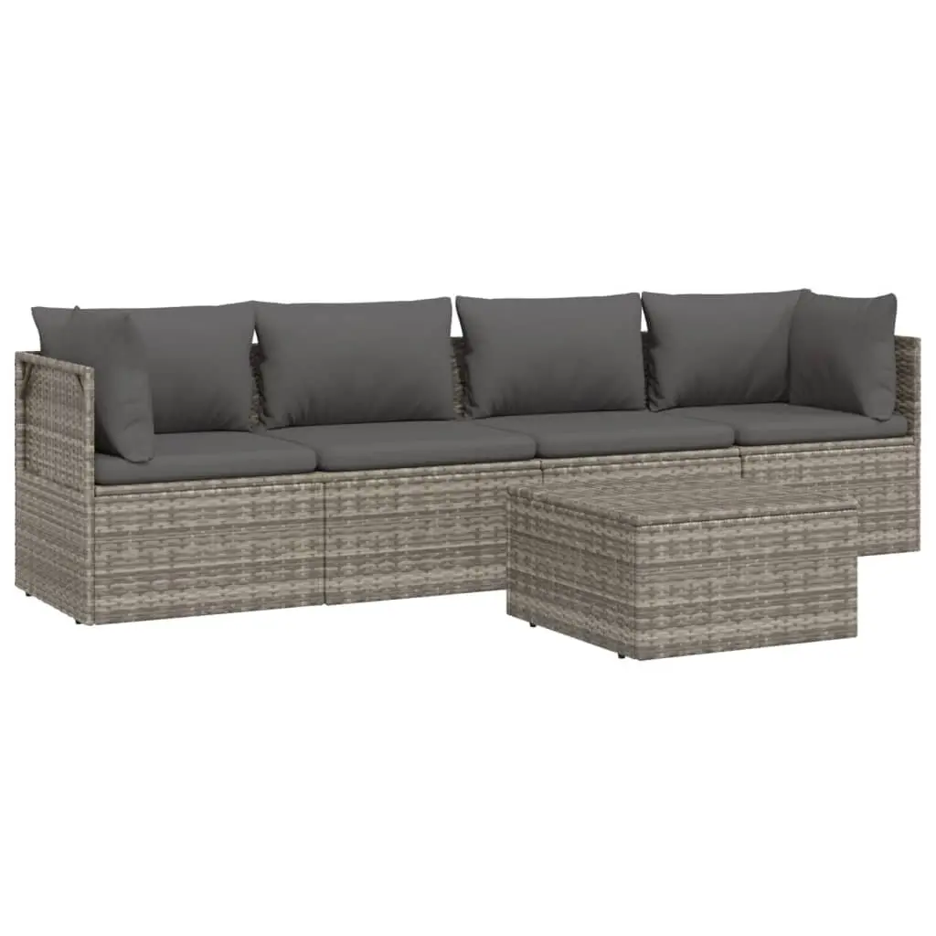5 Piece Outdoor Lounge Set Grey Poly Rattan Furniture with Cushions and Storage