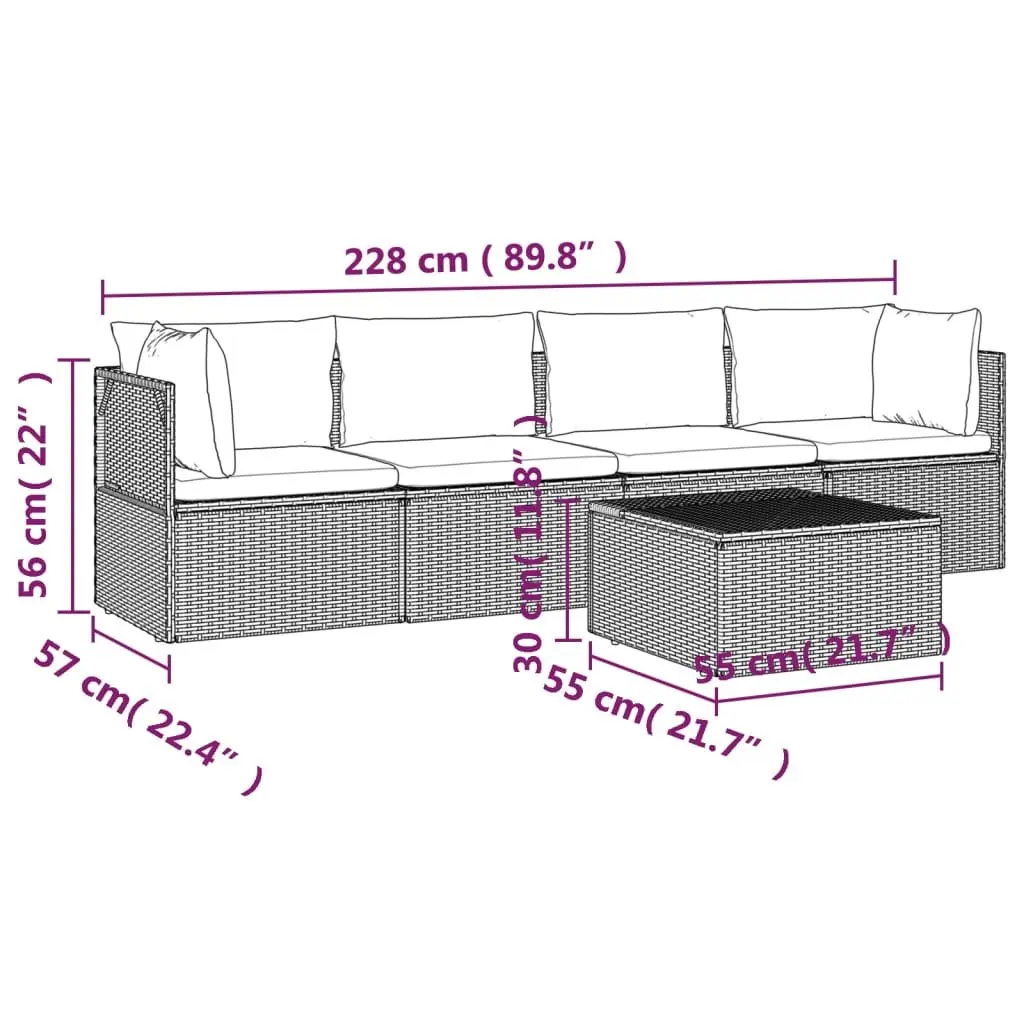5 Piece Outdoor Lounge Set Grey Poly Rattan Furniture with Cushions and Storage