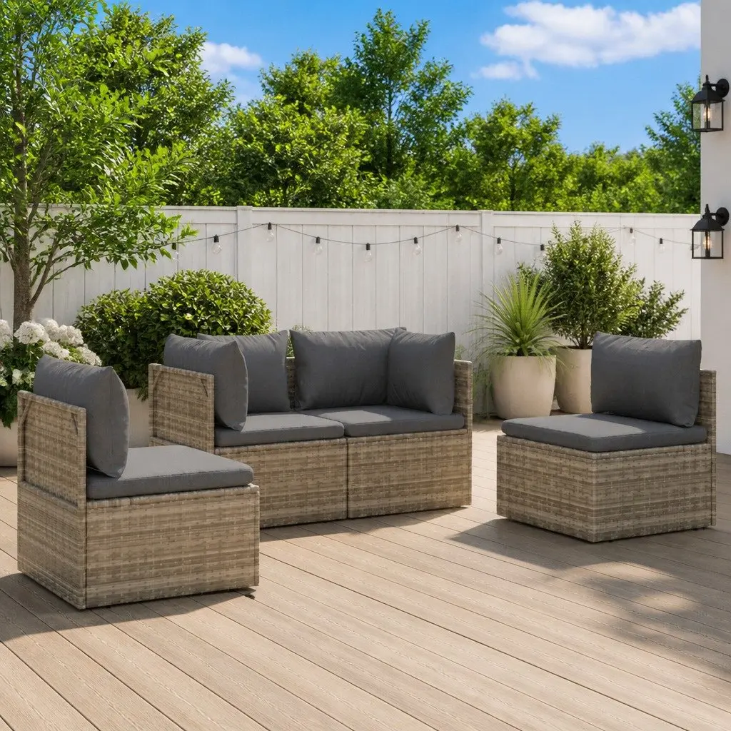 4 Piece Garden Lounge Set Poly Rattan Steel Frame Grey with Cushions