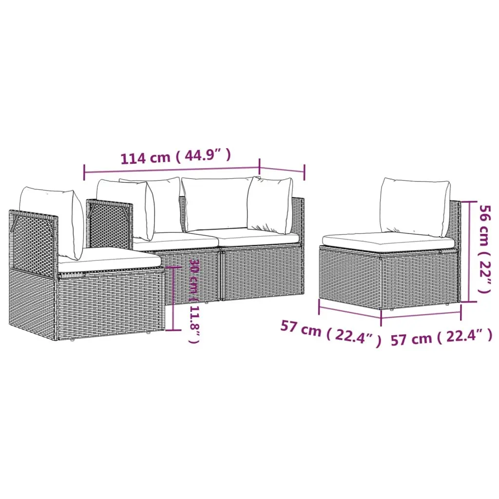 4 Piece Garden Lounge Set Poly Rattan Steel Frame Grey with Cushions