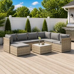 8 Piece Garden Lounge Set with Cushions Grey Poly Rattan Outdoor Furniture