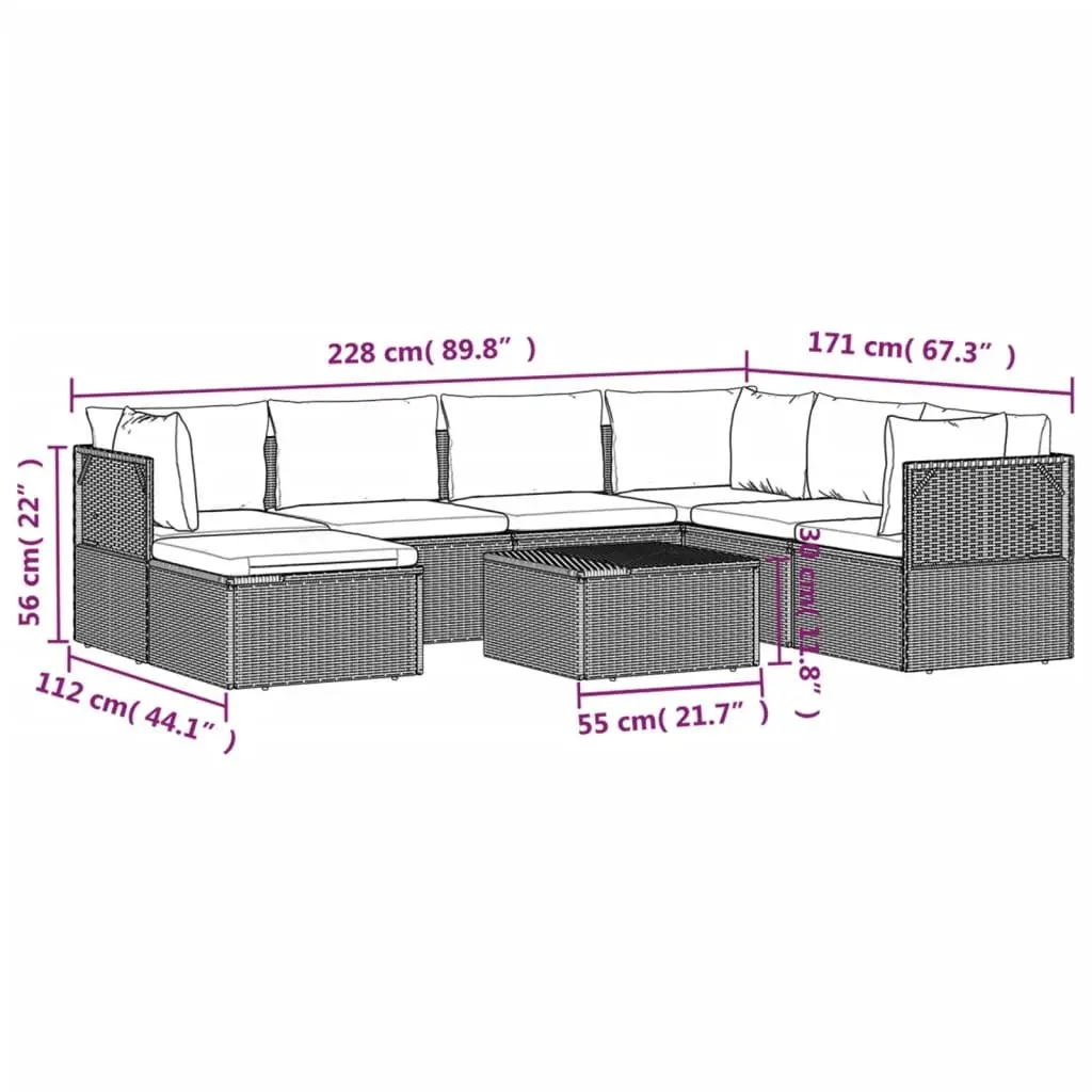 8 Piece Outdoor Lounge Set Grey Poly Rattan Steel Frame Cushioned Garden Furniture