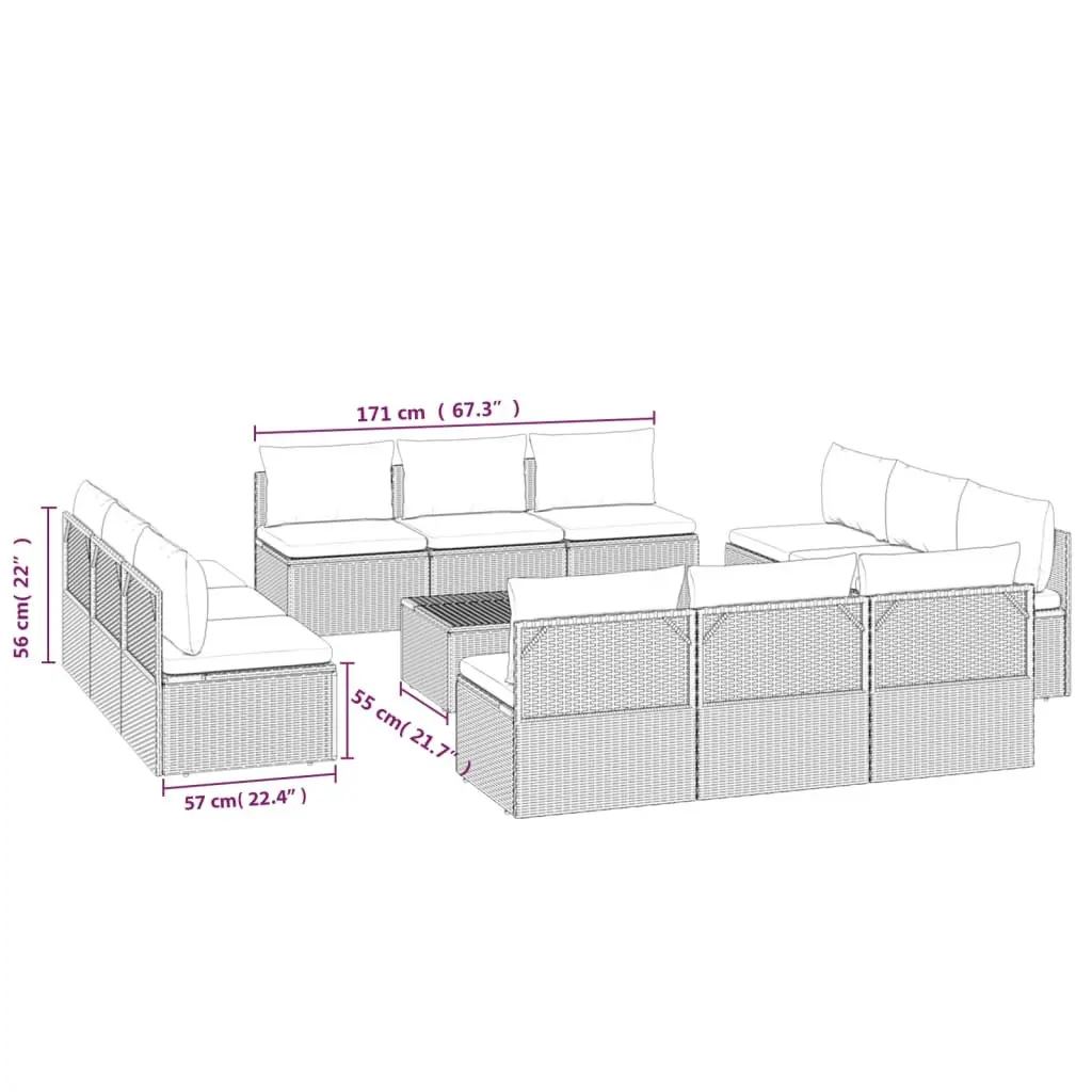 Garden Lounge Set 9 Piece Outdoor Furniture Grey Poly Rattan Sectional with