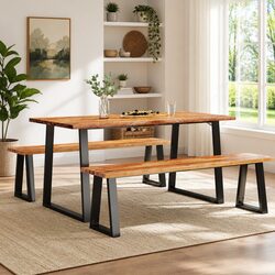 Dining Set 3 Piece Live Edge Solid Wood Acacia Brown Kitchen Table Bench Seats