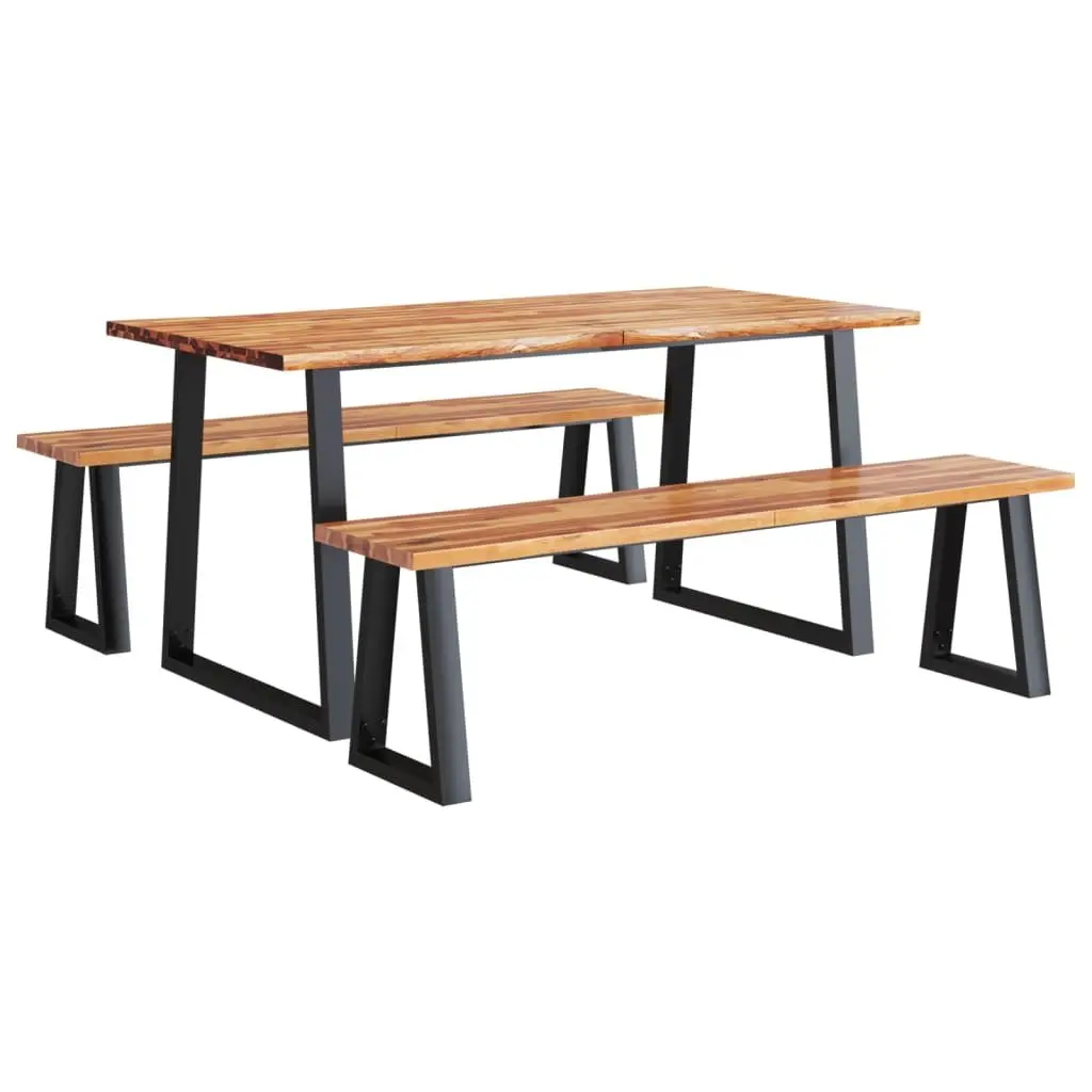 Dining Set Solid Acacia Wood 3 Piece Live Edge Brown Kitchen Table Bench Seats