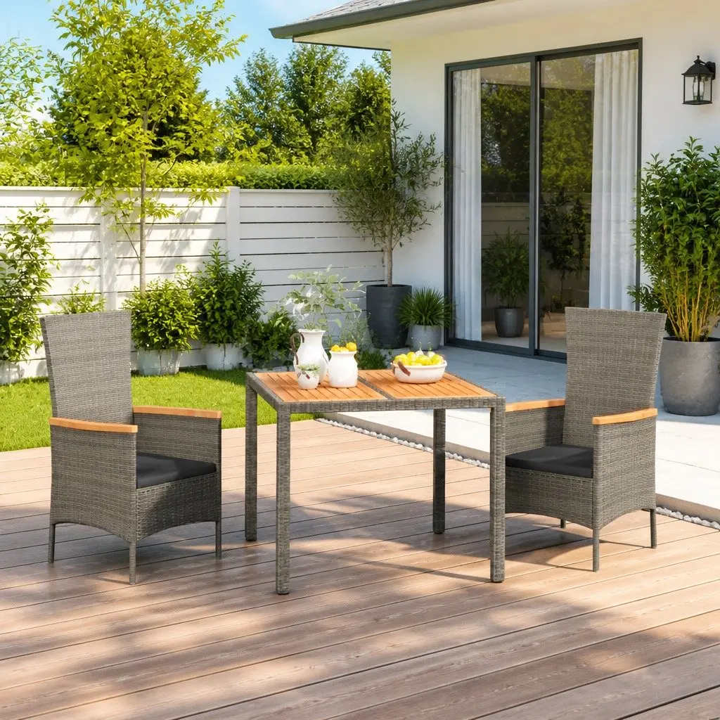 Garden Dining Set PE Rattan 3 Piece Outdoor Patio Furniture with Cushions Grey