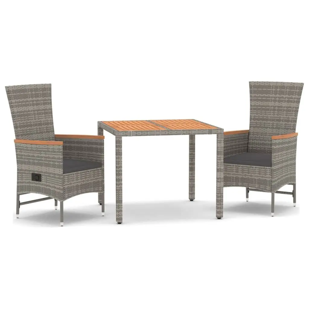 Garden Dining Set 3 Piece PE Rattan Outdoor Furniture Grey with Powder Coated Steel Frame and Padded Cushions