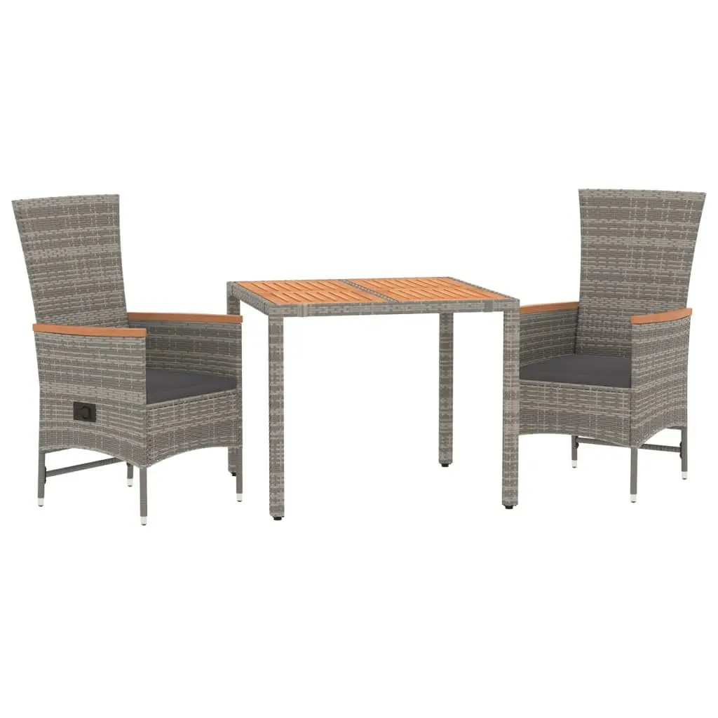 Garden Dining Set 3 Piece PE Rattan Outdoor Furniture Grey with Powder Coated Steel Frame and Padded Cushions