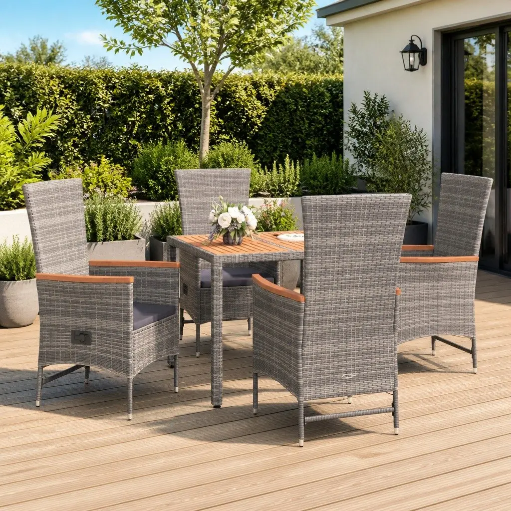 5 Piece Outdoor Dining Set Grey PE Rattan Chairs Table Garden Furniture