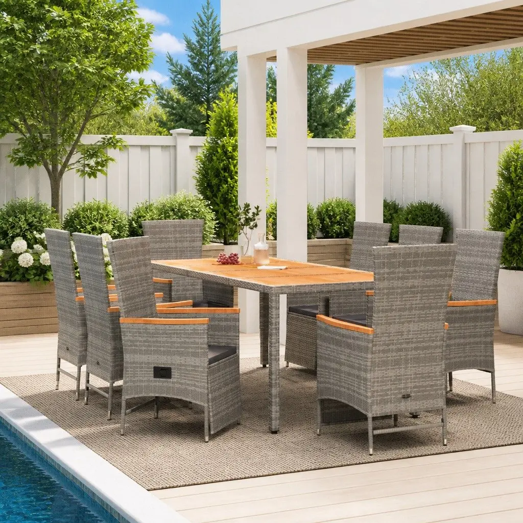 Outdoor Dining Set 9 Piece Grey Rattan Cushioned Chairs Table Weather Resistant Sturdy Steel Frame