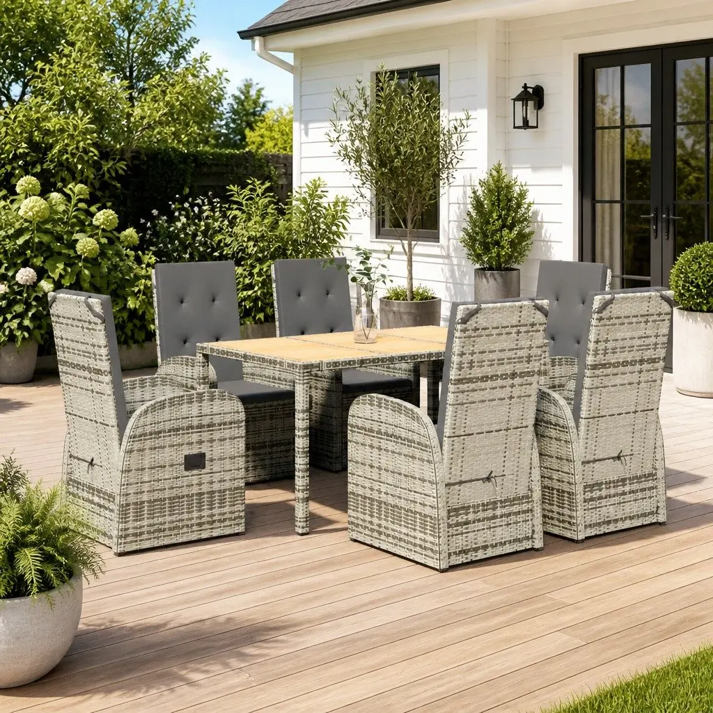 7 Piece Garden Dining Set PE Rattan Grey Outdoor Furniture with Cushions