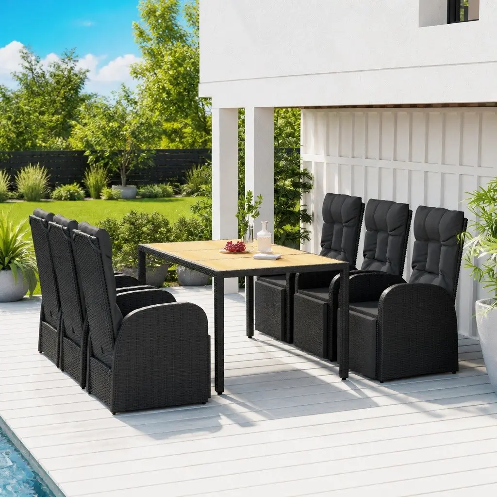 Garden Dining Set 7 Piece PE Poly Rattan Acacia Wood Black Outdoor Furniture