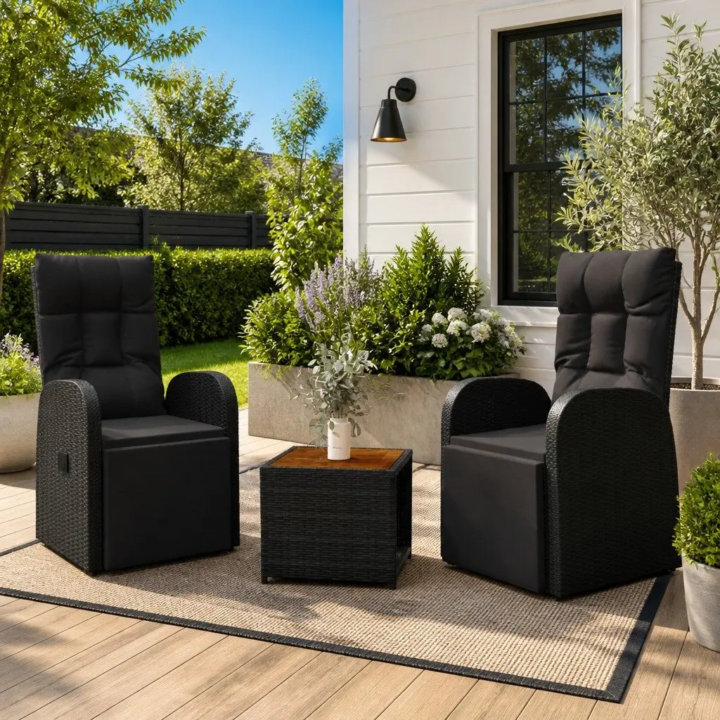 3 Piece Outdoor Lounge Set PE Rattan Steel Black Garden Chair Table