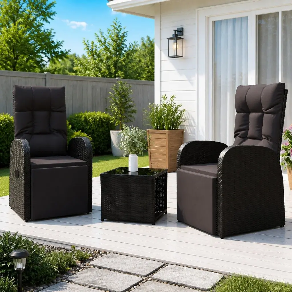 3 Piece Garden Lounge Set Rattan Steel Black Outdoor Furniture Chair Table