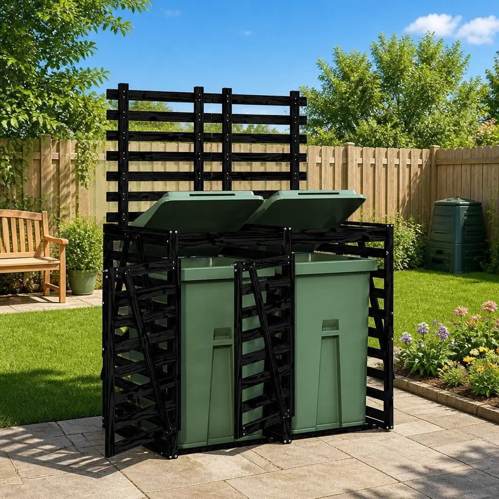 Double Wheelie Bin Storage Shed Garden Waste Container Enclosure Black Wood