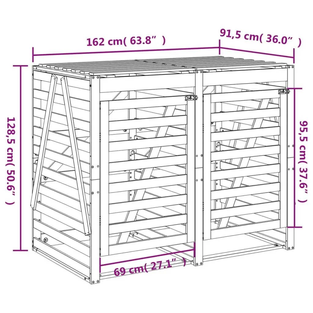 Double Wheelie Bin Storage Unit Black Solid Pine Wood with Ventilation Slats