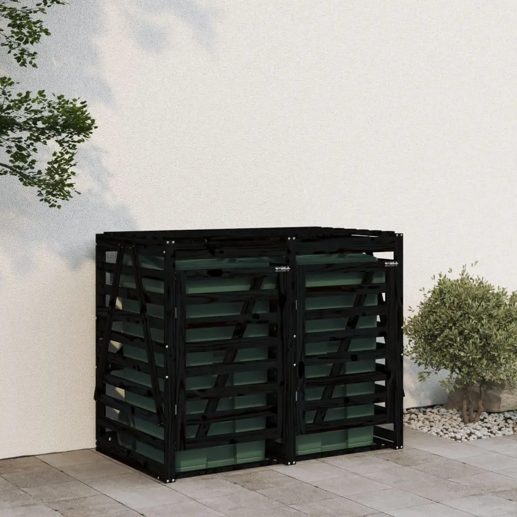 Double Wheelie Bin Storage Unit Black Solid Pine Wood with Ventilation Slats