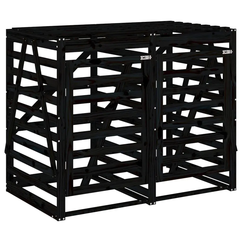 Double Wheelie Bin Storage Unit Black Solid Pine Wood with Ventilation Slats