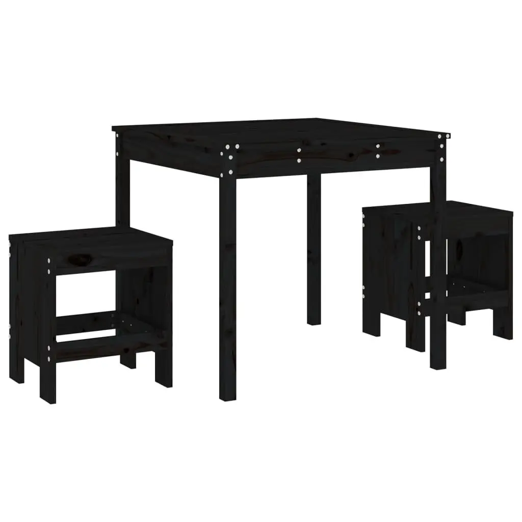 Outdoor Furniture Set Black Solid Pine Wood 3 Piece Table and Stools