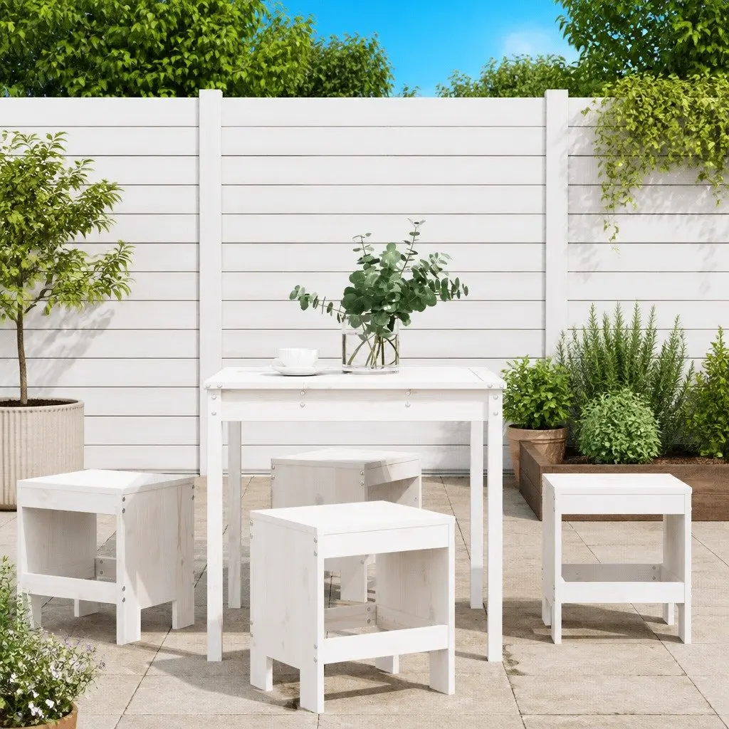 White Solid Pine Wood Outdoor Dining Set 5 Piece Patio Furniture Table with Stools