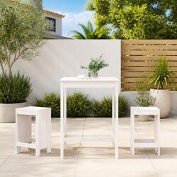 Garden Bar Set 3 Piece Outdoor Furniture White Wooden Patio Stools Table