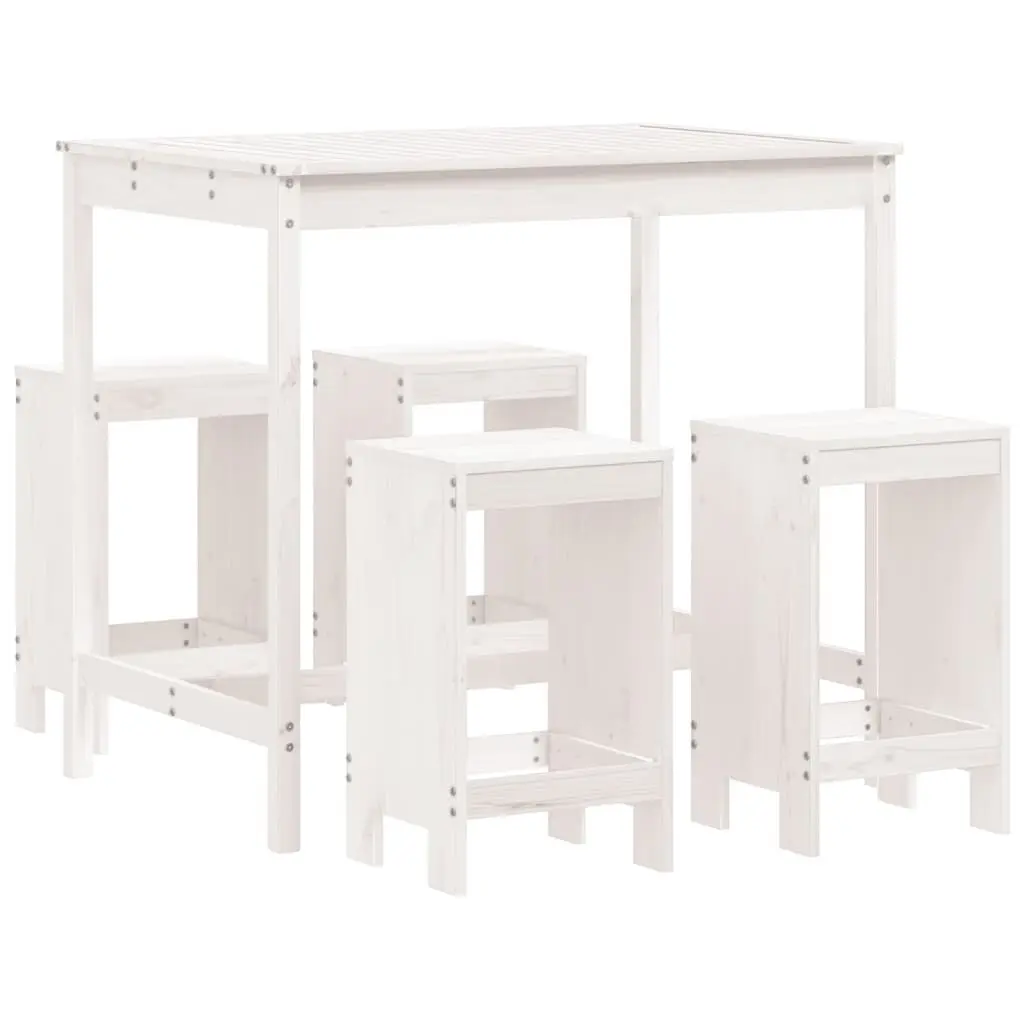 Garden Bar Set 5 Piece White Wood Patio Furniture Outdoor Dining Stools Table