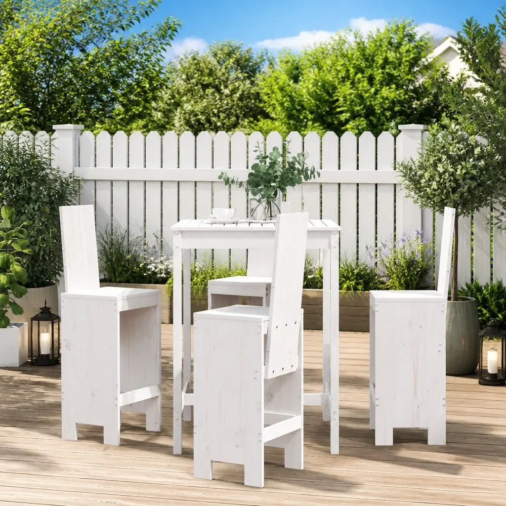 Outdoor Bar Furniture Set 5 Piece White Solid Pine Wood Table with Backrest and Footrest for Patio Garden Balcony