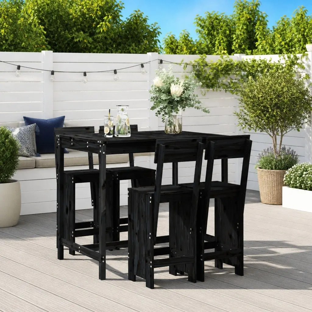Garden Bar Set 5 Piece Outdoor Furniture Black Wood Patio Dining Stools Table