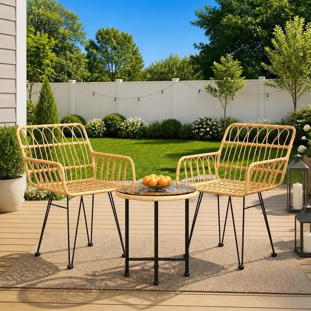 Garden Dining Set Poly Rattan 3 Piece Outdoor Furniture Brown Table Chairs