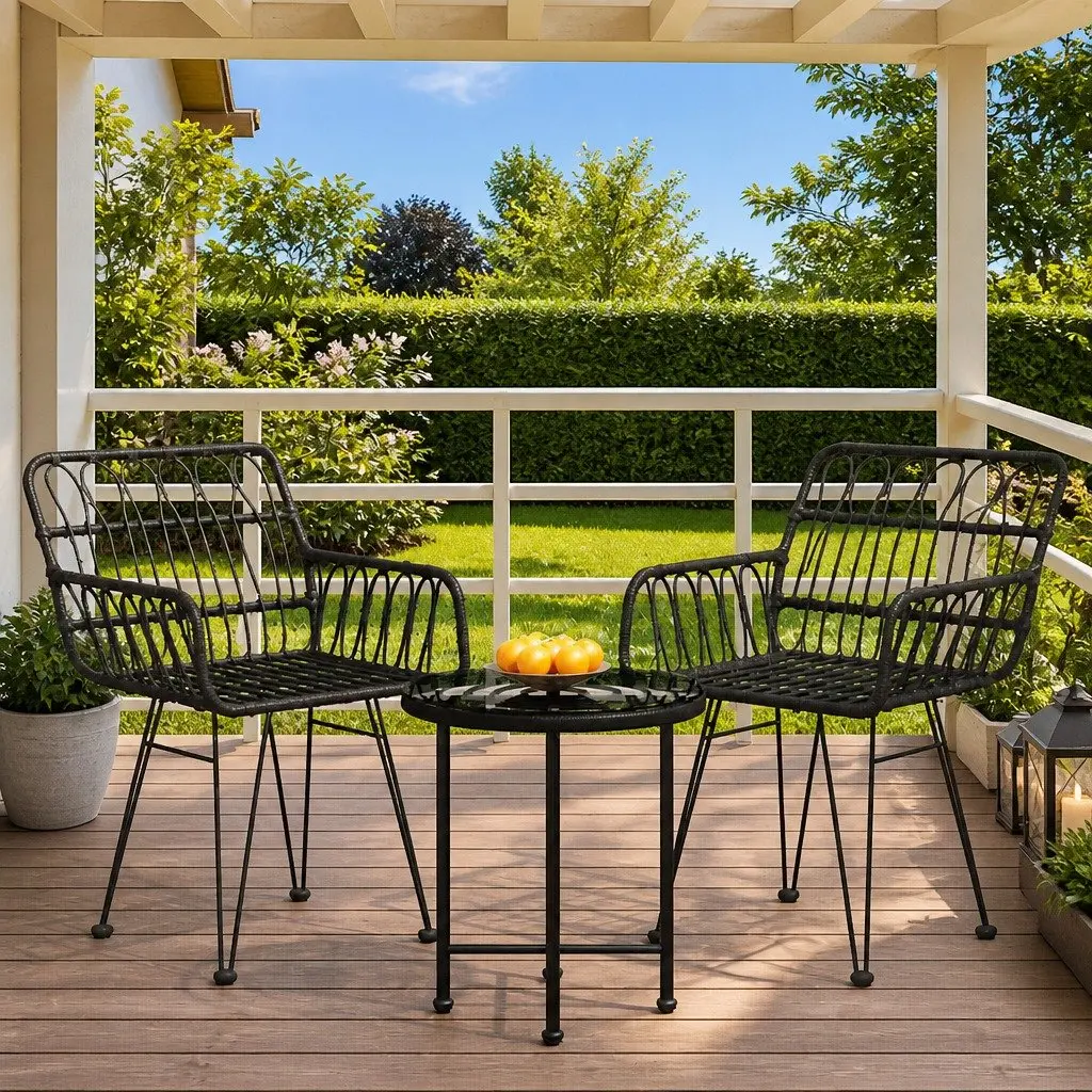Outdoor Dining Set PE Rattan Steel Frame 3 Piece Black Patio Table Chair