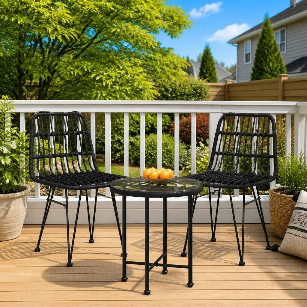 Outdoor Garden Dining Set 3 Piece Black Poly Rattan Patio Furniture