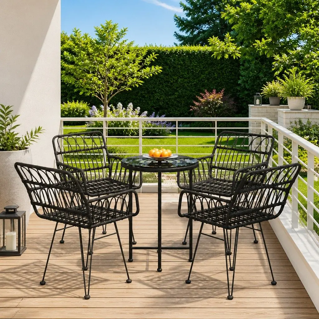 5 Piece Garden Dining Set Black PE Rattan Steel Frame Tempered Glass Outdoor Patio Furniture