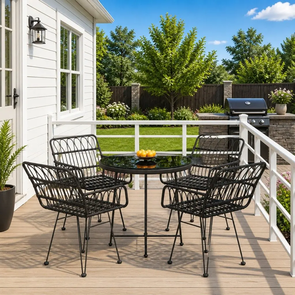 5 Piece Garden Dining Set PE Rattan Steel Frame Black Outdoor Furniture