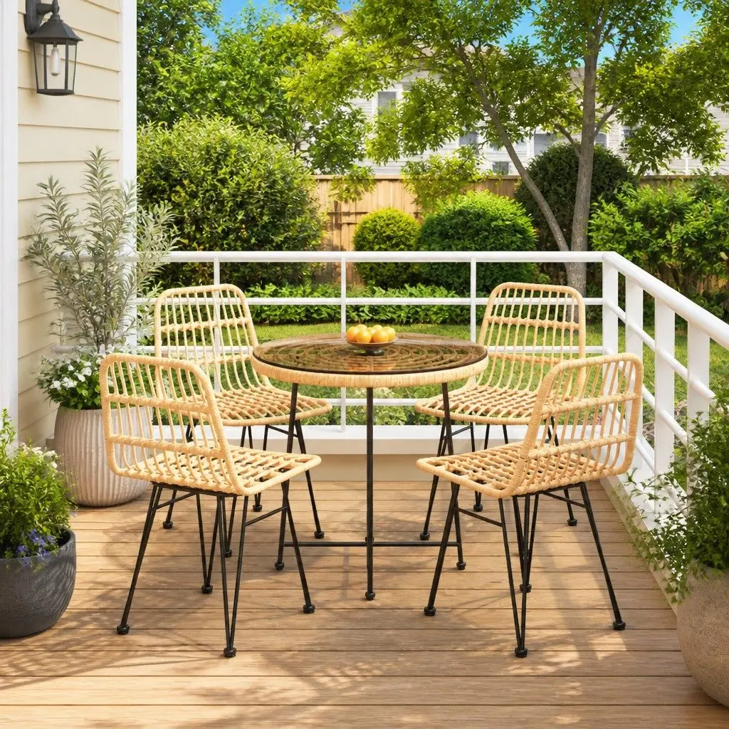 5 Piece Outdoor Patio Dining Set Steel Frame Brown PE Rattan Tempered Glass Table