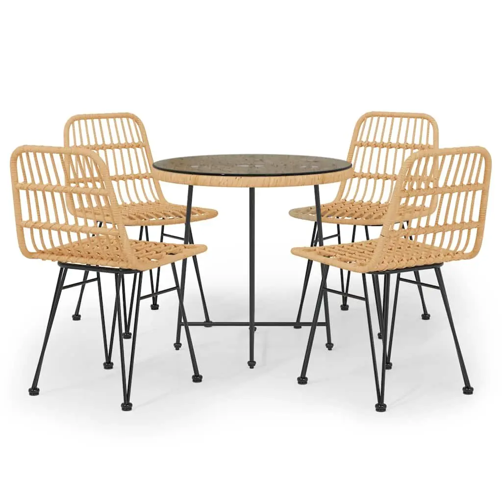 5 Piece Outdoor Patio Dining Set Steel Frame Brown PE Rattan Tempered Glass Table