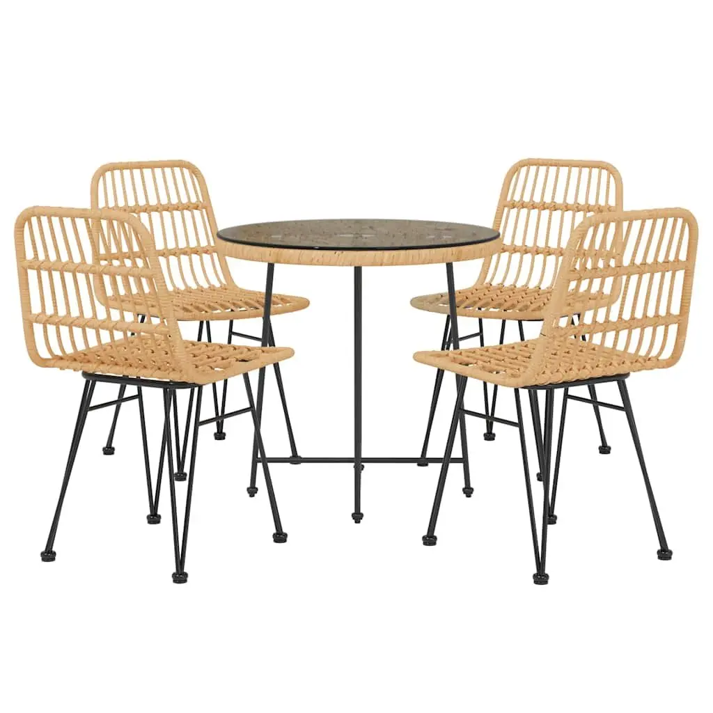 5 Piece Outdoor Patio Dining Set Steel Frame Brown PE Rattan Tempered Glass Table