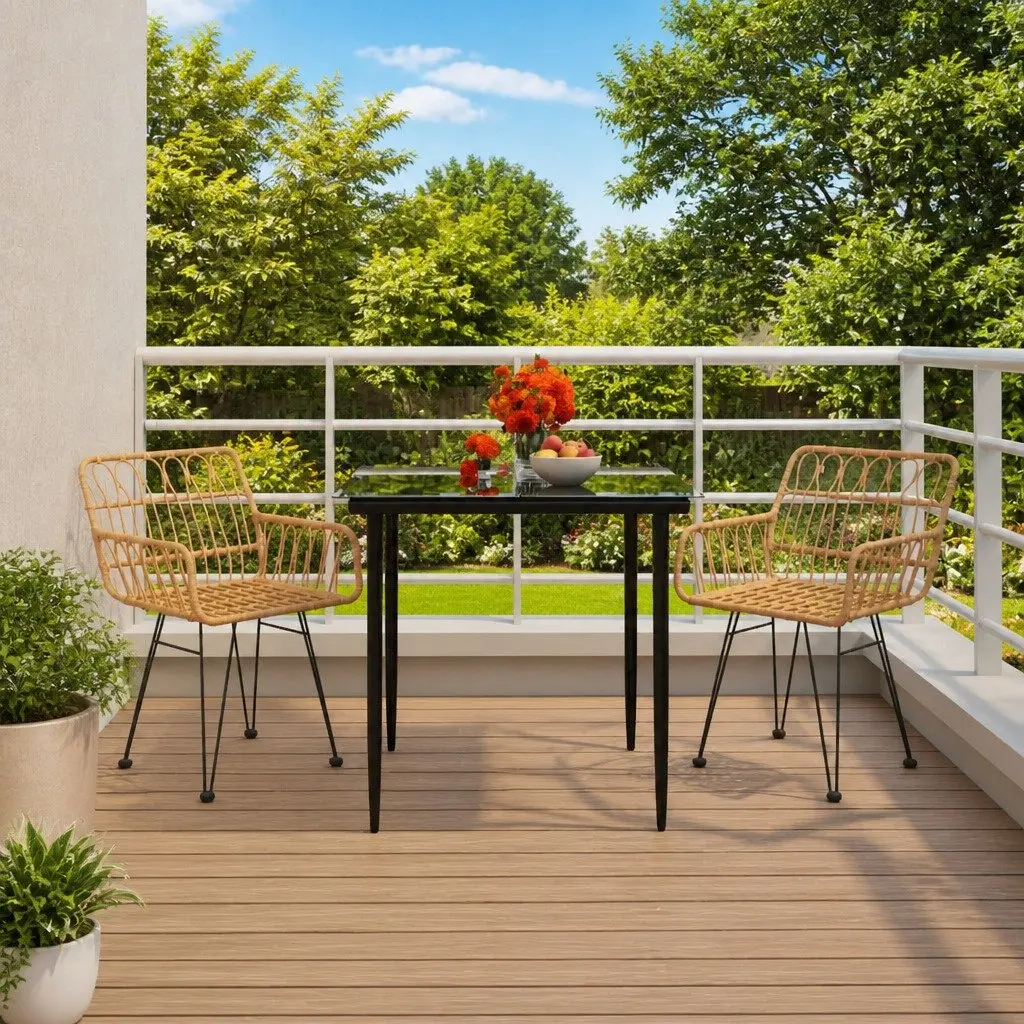 Garden Dining Set Poly Rattan 3 Piece Outdoor Furniture Brown Patio Table Chairs