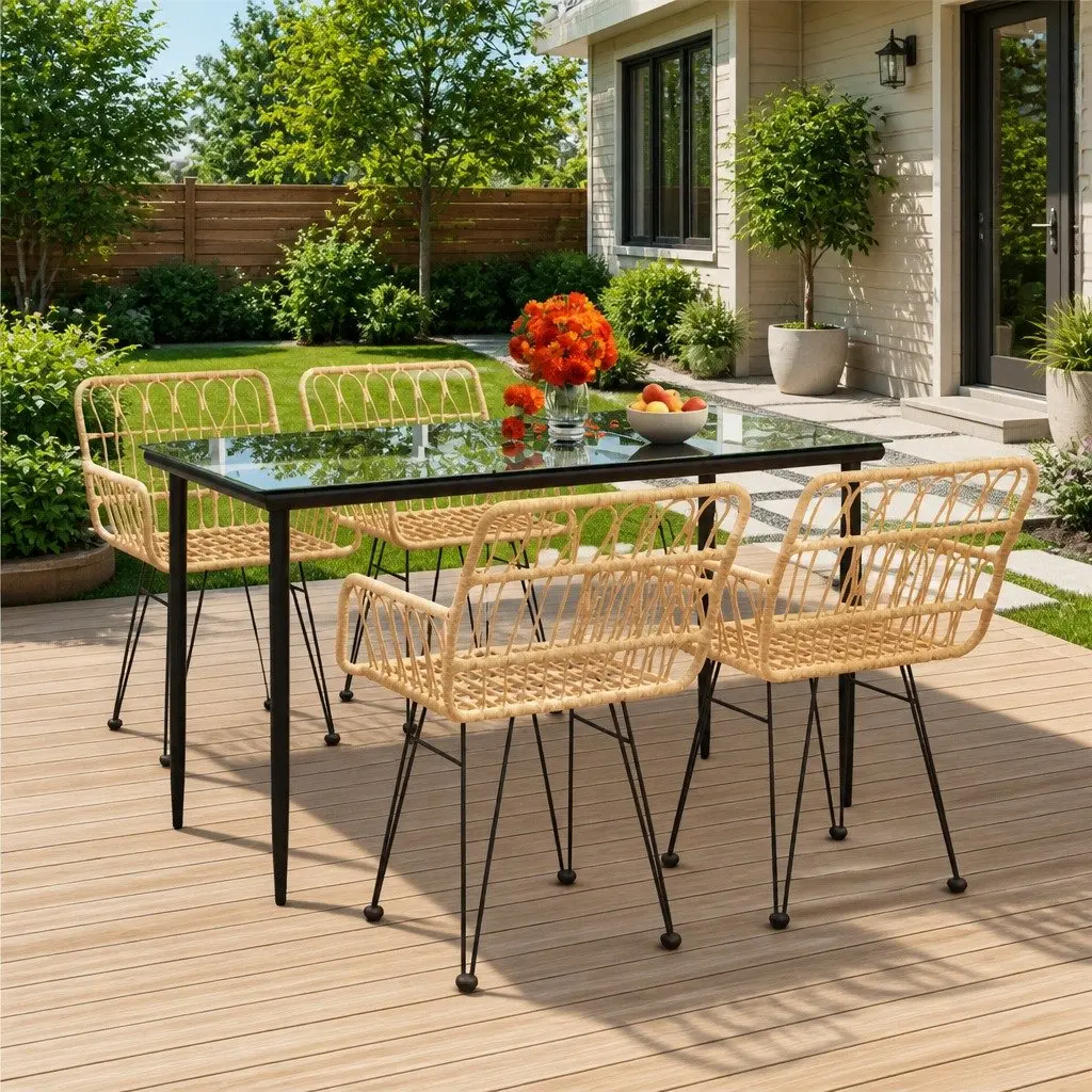 Garden Dining Set PE Rattan Steel Frame 5 Piece Outdoor Furniture Table Chairs Brown