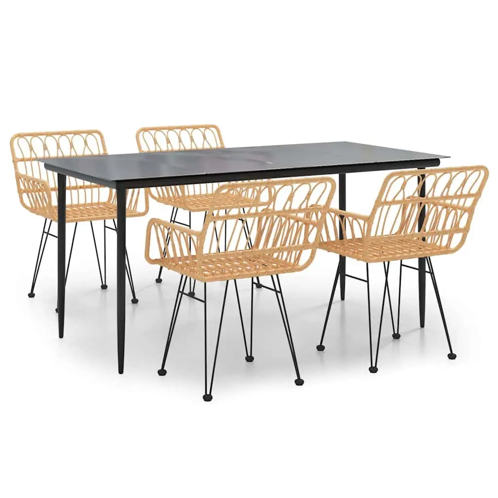 5 Piece Garden Dining Set PE Rattan Steel Frame Tempered Glass Table Chairs Brown