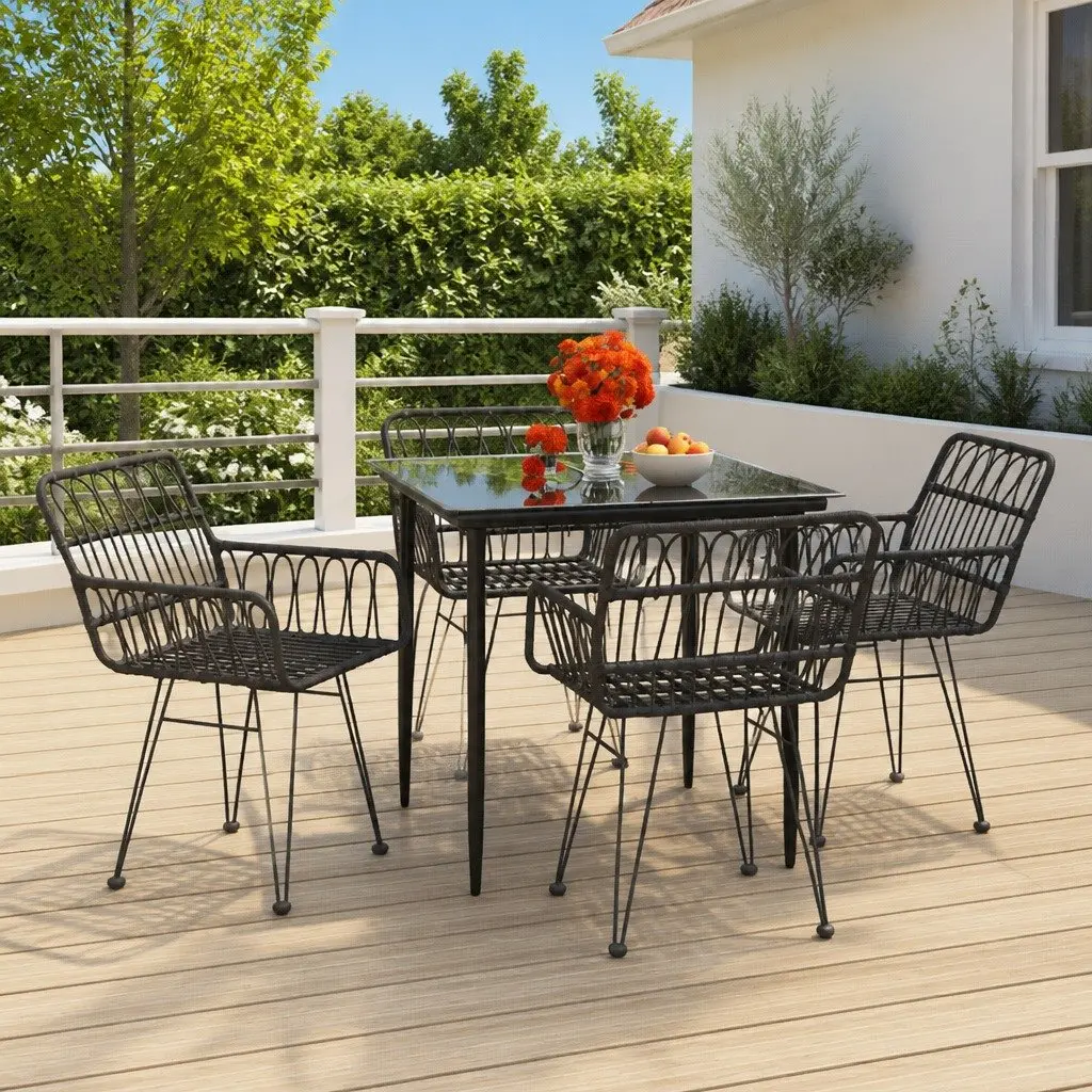 5 Piece Garden Dining Set Steel Frame PE Rattan Black Outdoor Patio Furniture