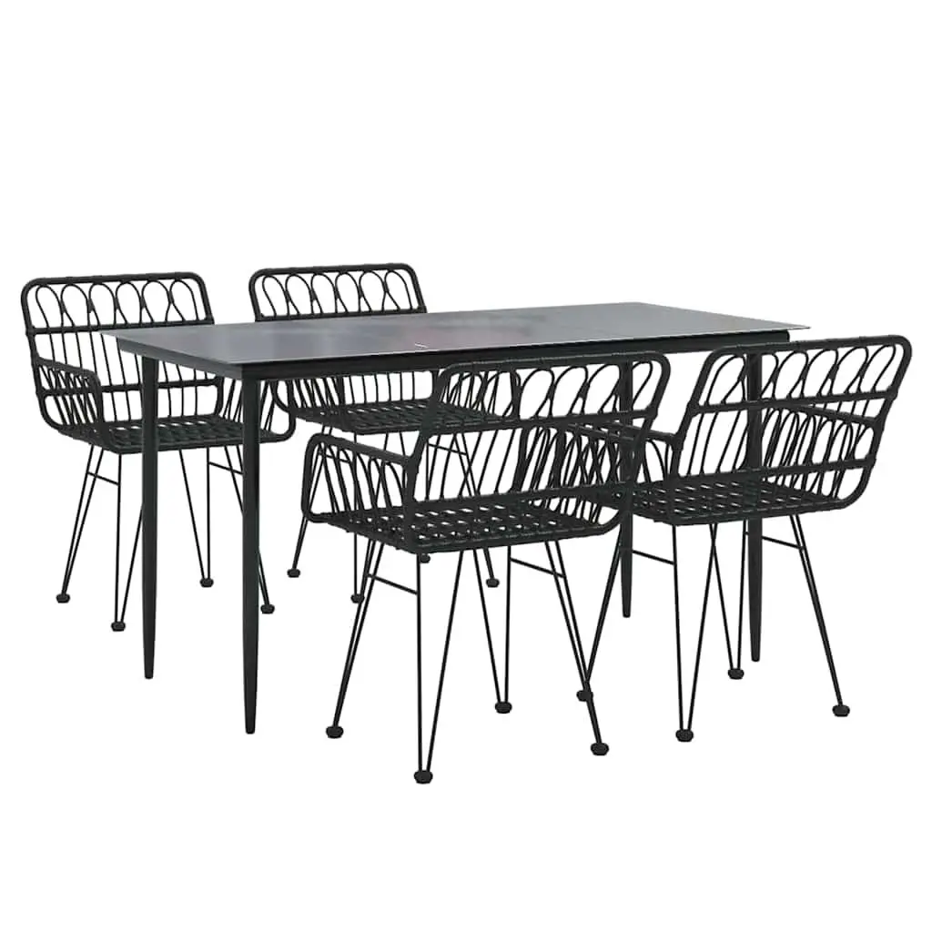5 Piece Garden Dining Set PE Rattan Steel Frame Tempered Glass Black