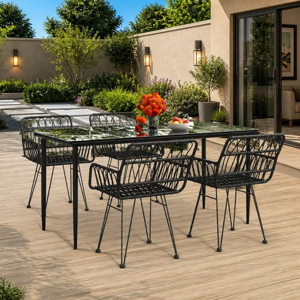 5 Piece Garden Dining Set PE Rattan Steel Frame Tempered Glass Table Black