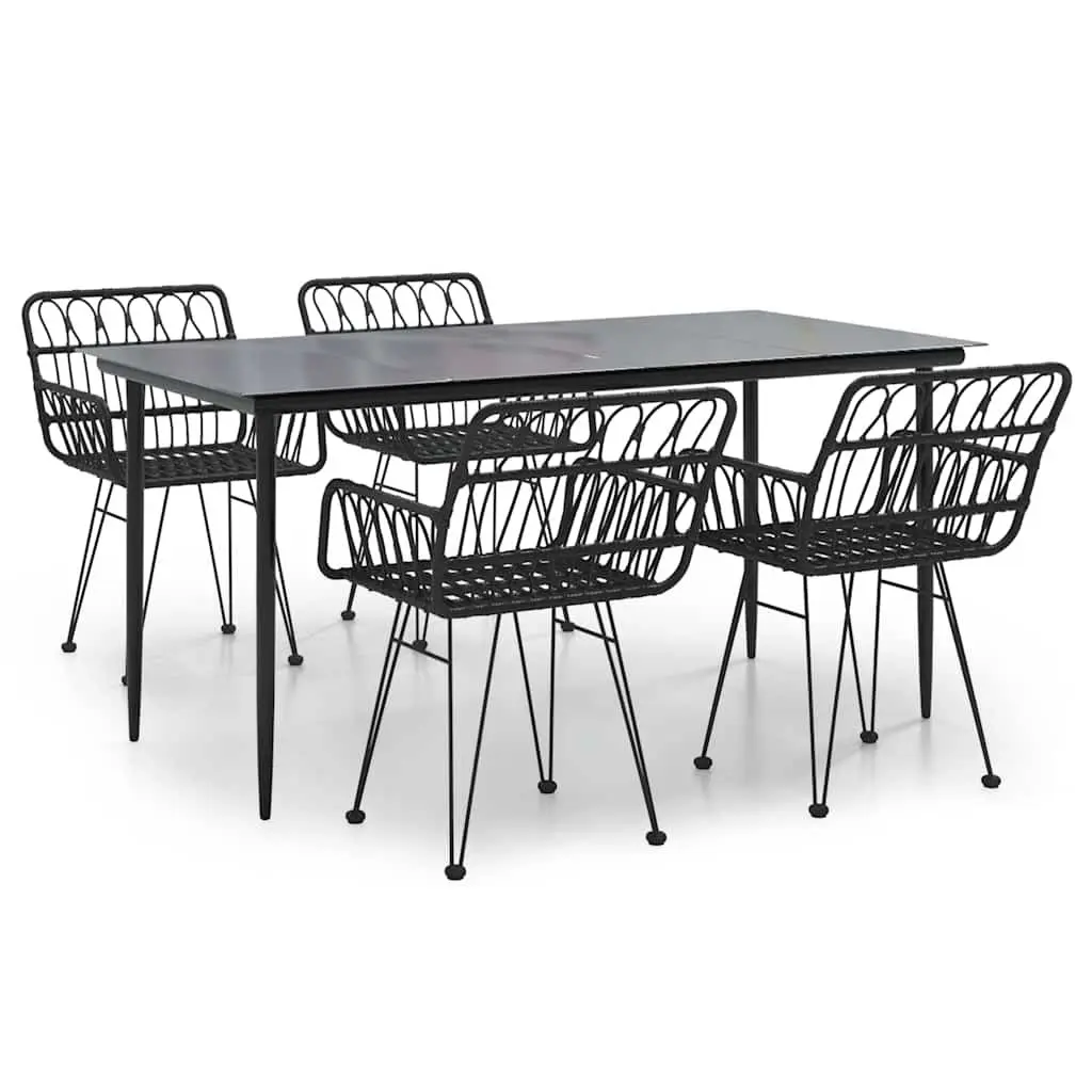 5 Piece Garden Dining Set PE Rattan Steel Frame Tempered Glass Table Black