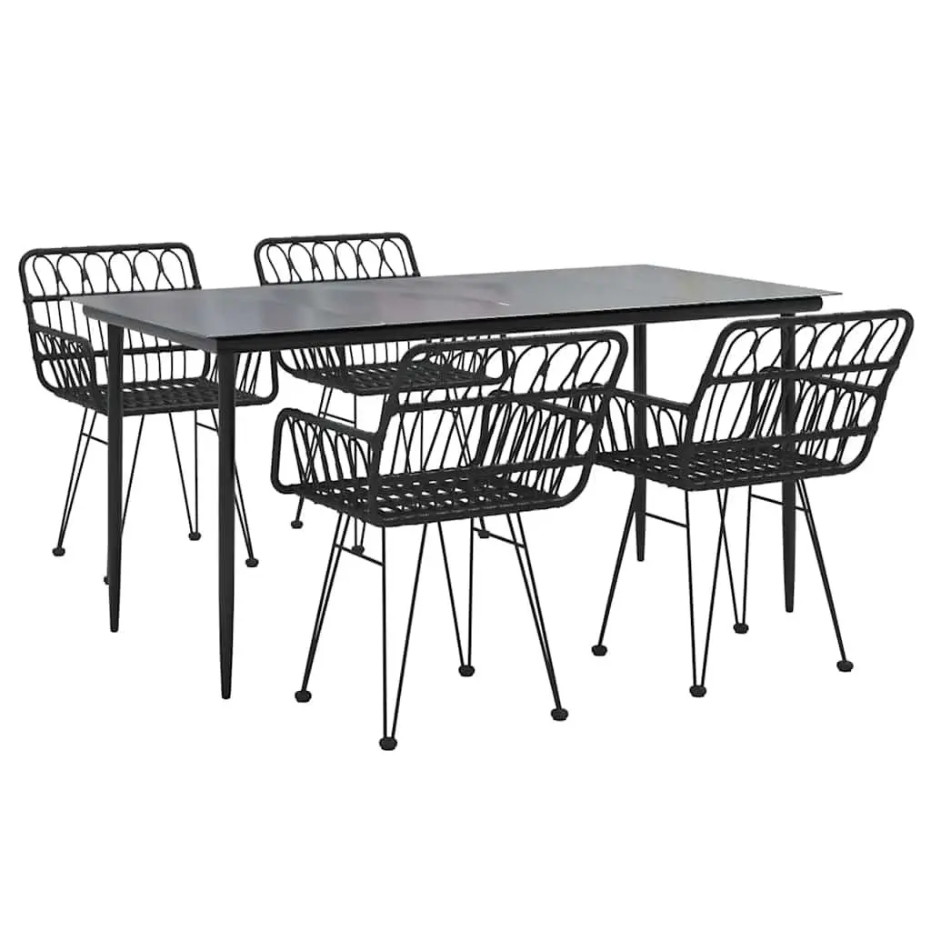 5 Piece Garden Dining Set PE Rattan Steel Frame Tempered Glass Table Black