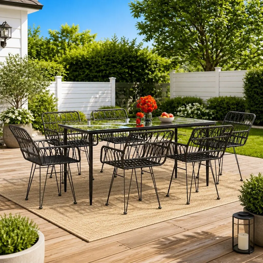7 Piece Garden Dining Set Black Outdoor Patio Furniture with Chairs Table