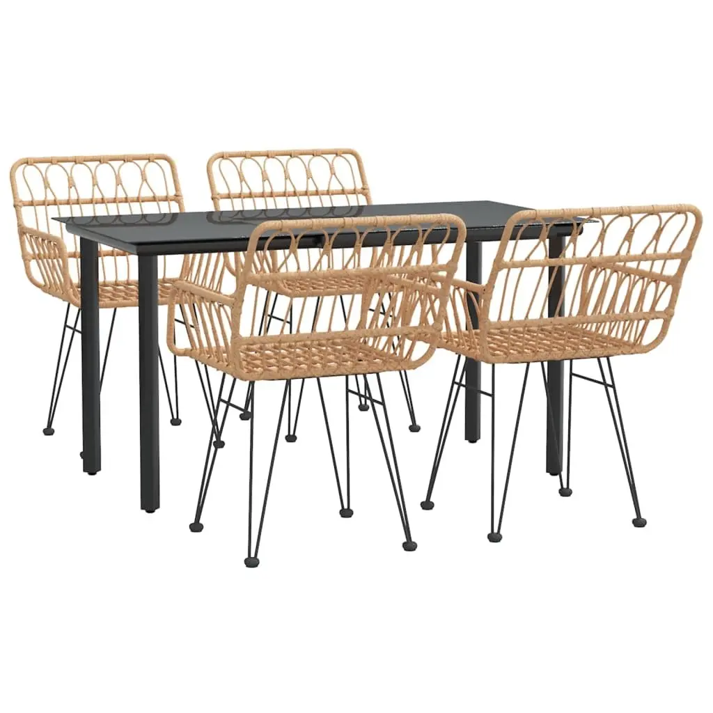 5 Piece Outdoor Garden Dining Set Brown Poly Rattan Patio Furniture with Glass