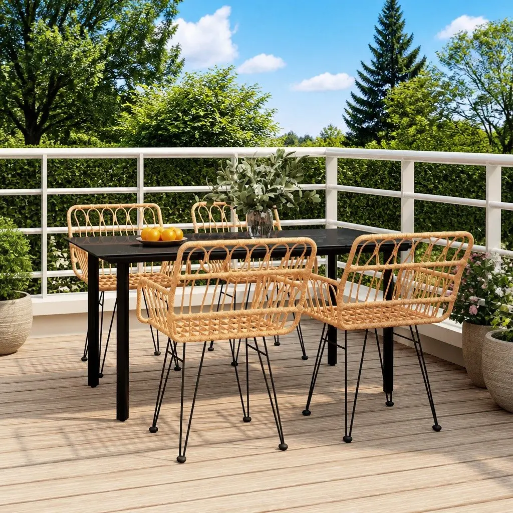 5 Piece Garden Dining Set Poly Rattan Brown Outdoor Patio Furniture Table Chairs
